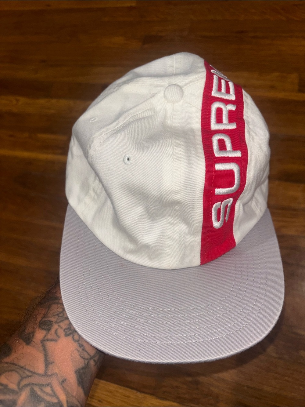 New Supreme White Cap with Red Vertical Logo and Gray Bill